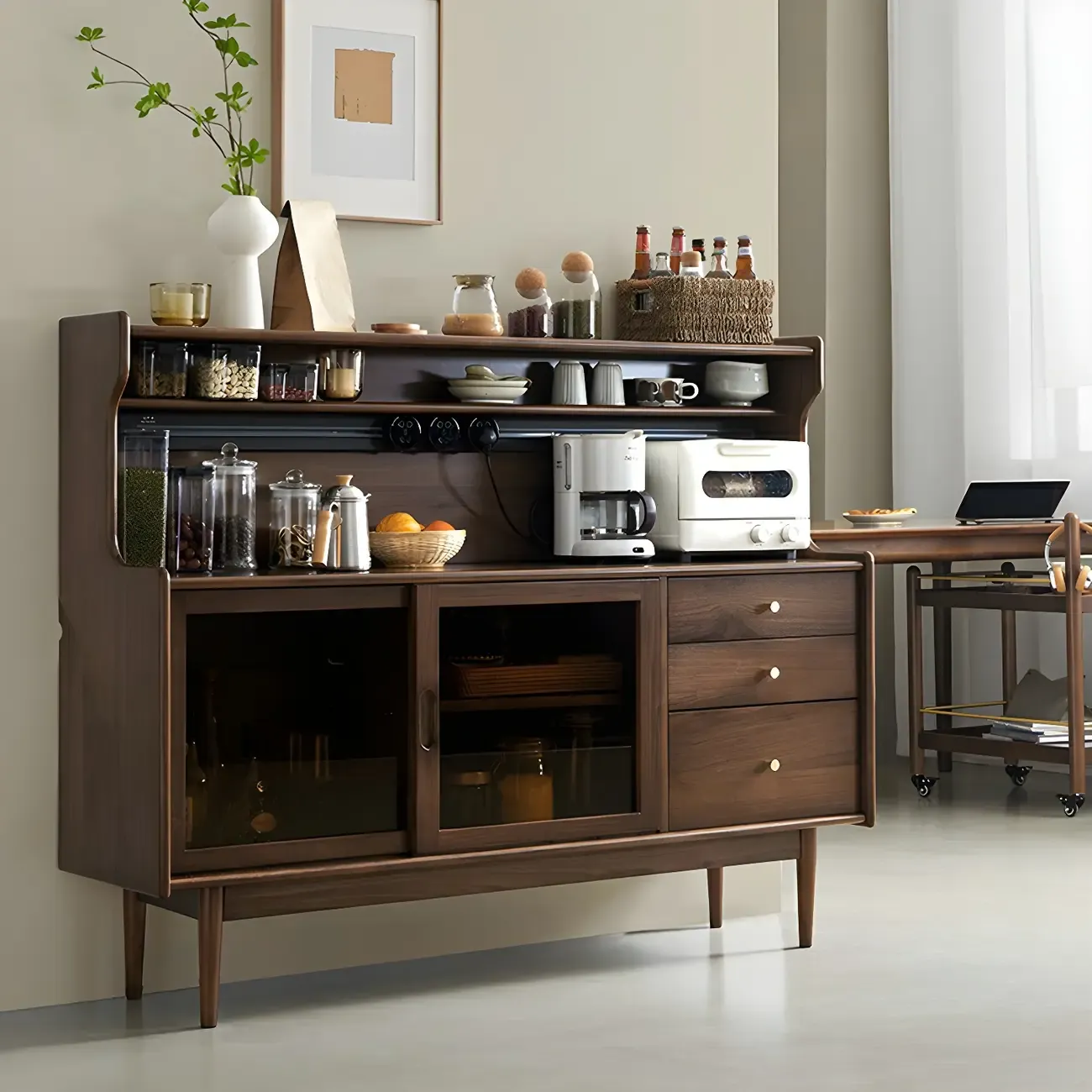 Wooden Sideboard with Glass Sliding Doors, Drawers & Cabinets Image - 5