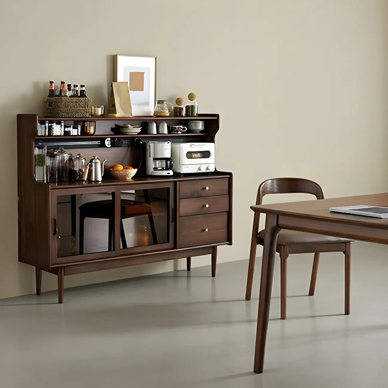 Wooden Sideboard with Glass Sliding Doors, Drawers & Cabinets Image - 6 | homeyfad