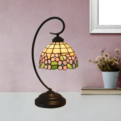 Vintage Bedside Lamp with Flower-Patterned Domed Lampshade Image - 1