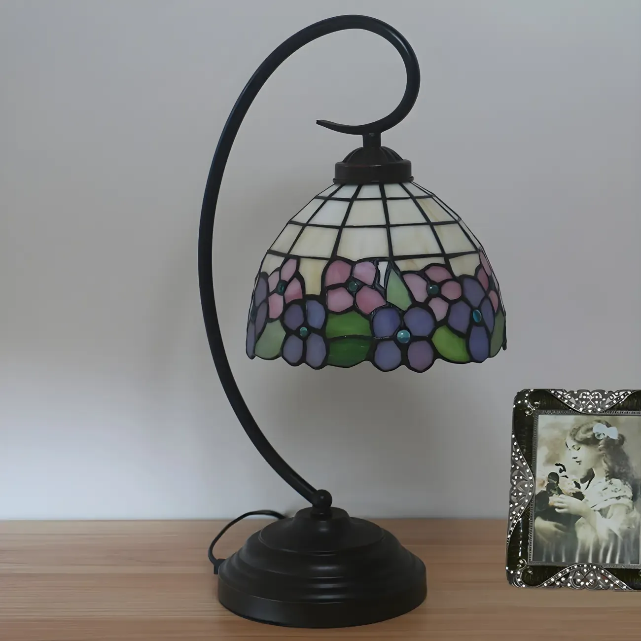 Vintage Bedside Lamp with Flower-Patterned Domed Lampshade Image - 2