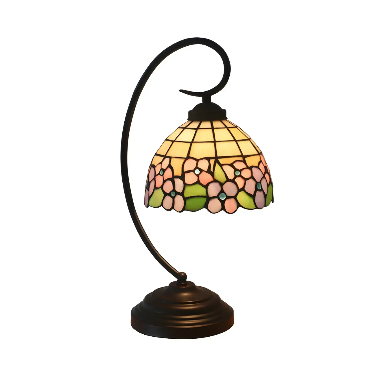 Vintage Bedside Lamp with Flower-Patterned Domed Lampshade Image - 3