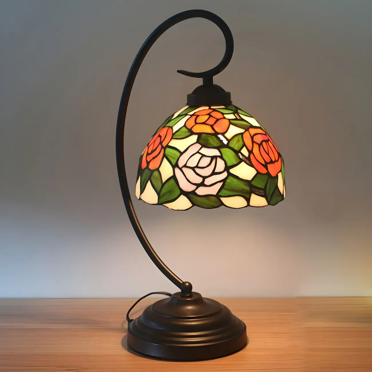 Vintage Bedside Lamp with Flower-Patterned Domed Lampshade Image - 5