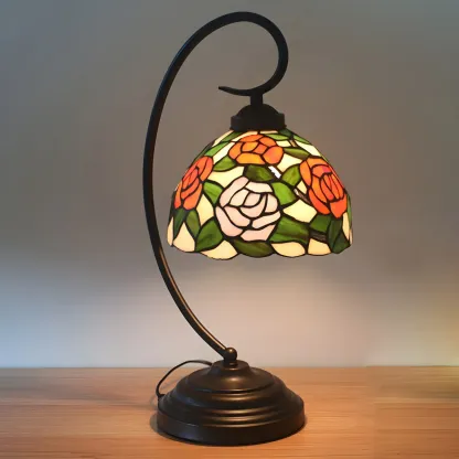 Vintage Bedside Lamp with Flower-Patterned Domed Lampshade Image - 5