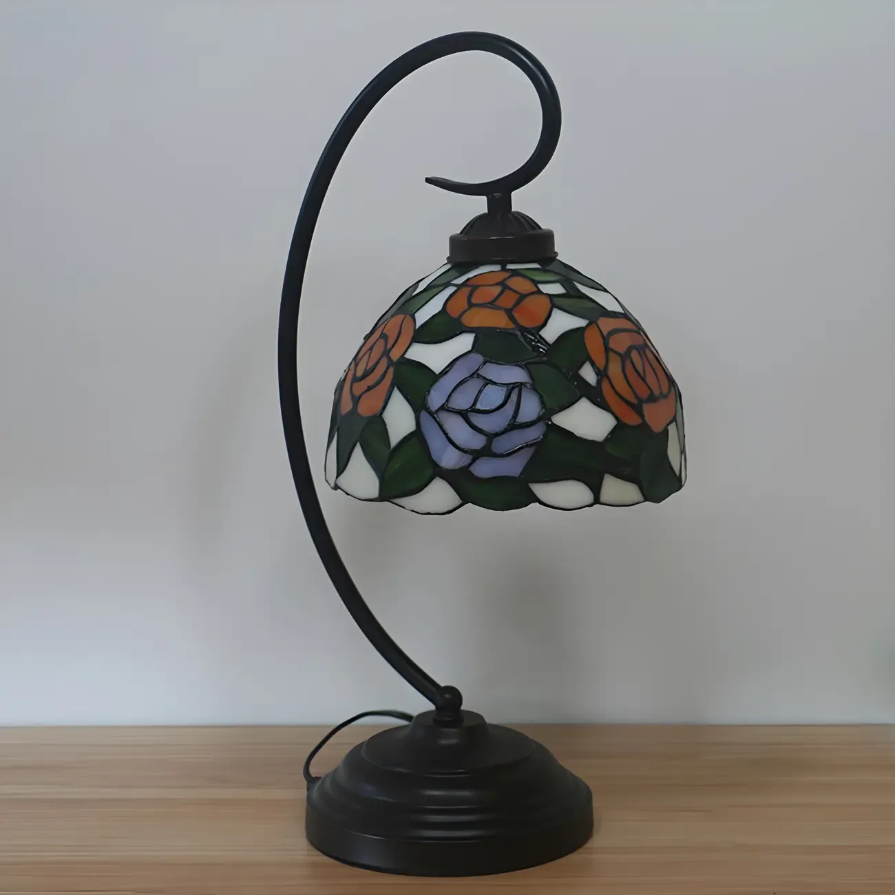 Vintage Bedside Lamp with Flower-Patterned Domed Lampshade Image - 6