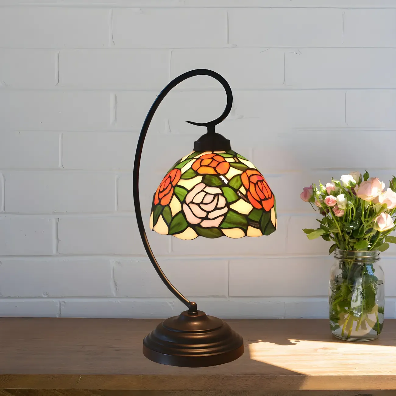 Vintage Bedside Lamp with Flower-Patterned Domed Lampshade Image - 7