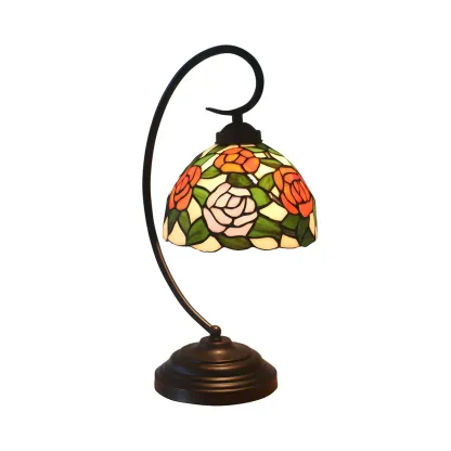 Vintage Bedside Lamp with Flower-Patterned Domed Lampshade Image - 8