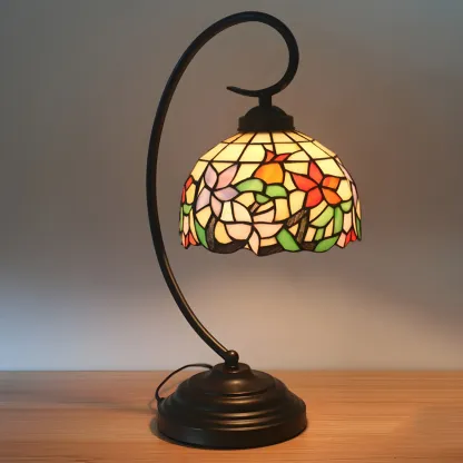 Vintage Bedside Lamp with Flower-Patterned Domed Lampshade Image - 9