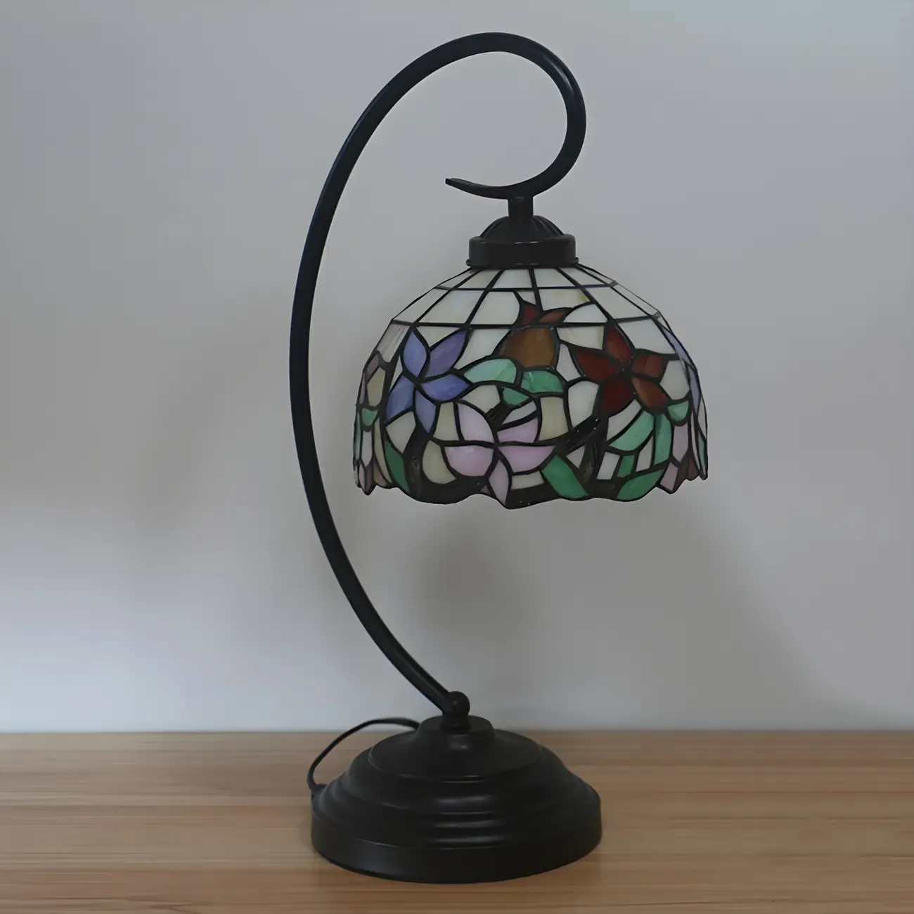 Vintage Bedside Lamp with Flower-Patterned Domed Lampshade Image - 10