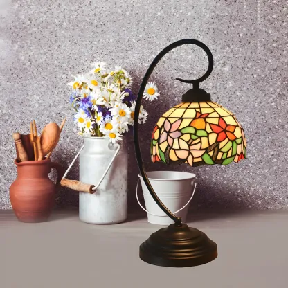 Vintage Bedside Lamp with Flower-Patterned Domed Lampshade Image - 11