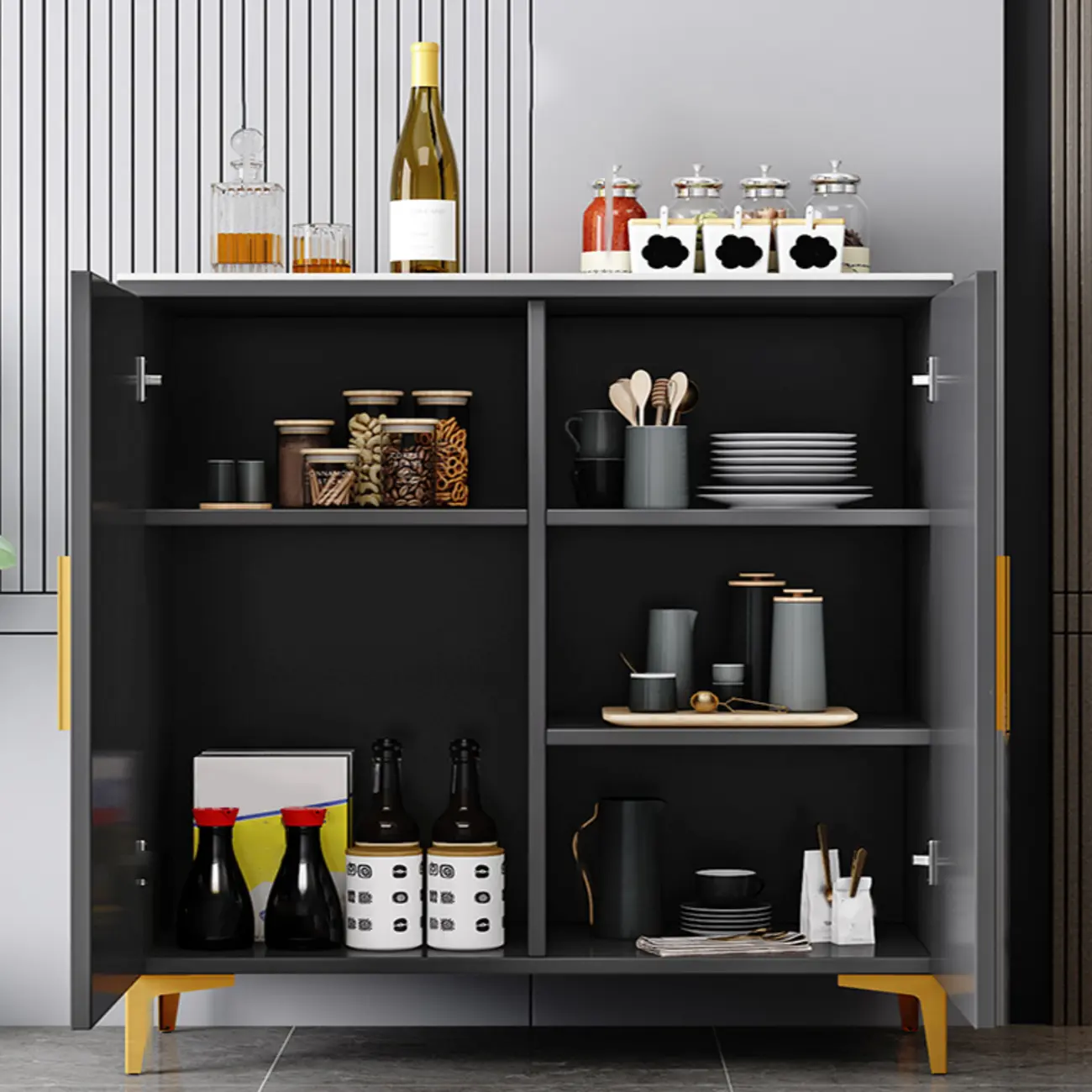 Glam Grey Wooden Sideboard with Cabinets Image - 6 | homeyfad