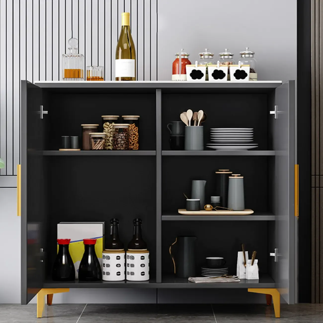 Glam Grey Wooden Sideboard with Cabinets Image - 6