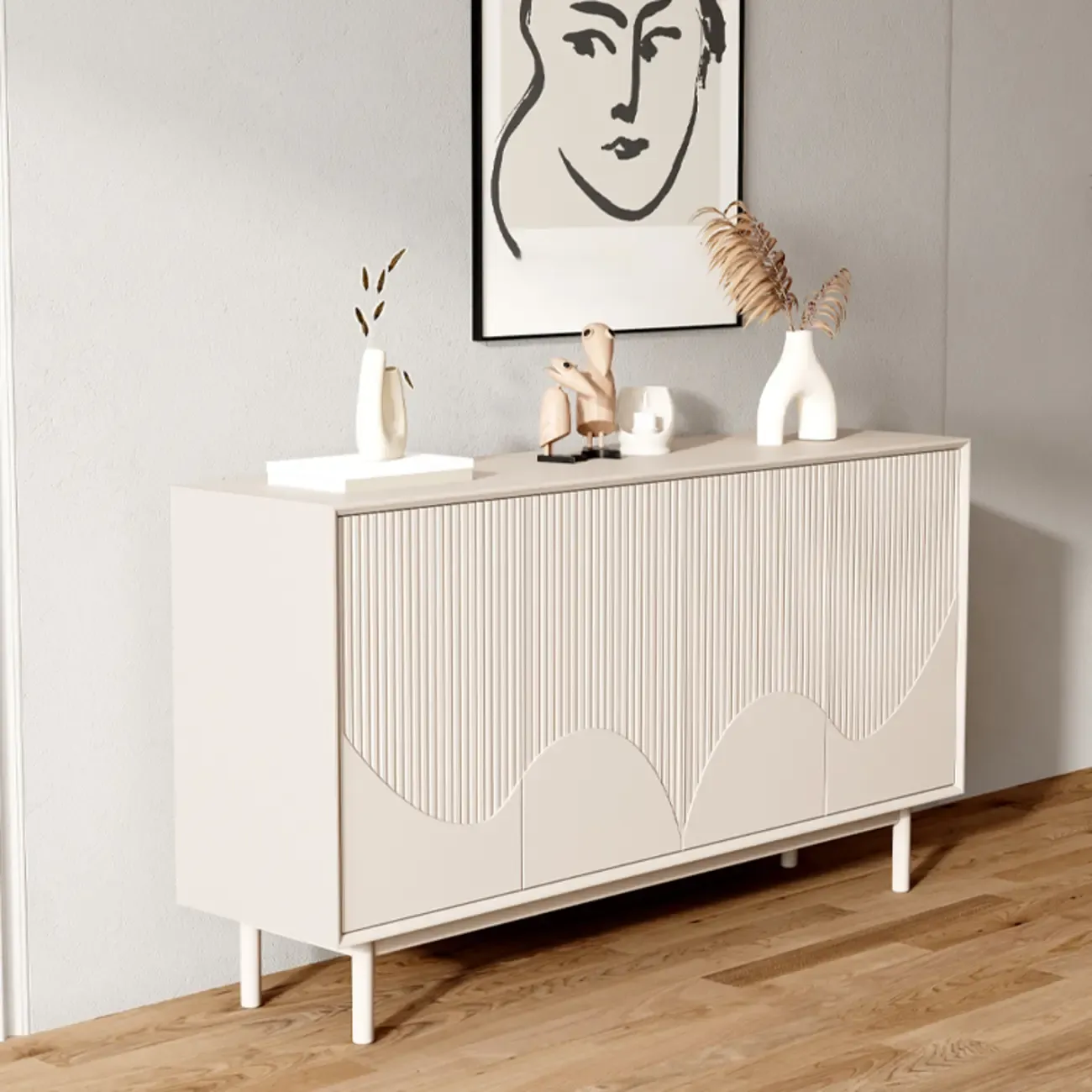 Modern Wooden Buffet Table with Kitchen Appliance Storage Image - 5