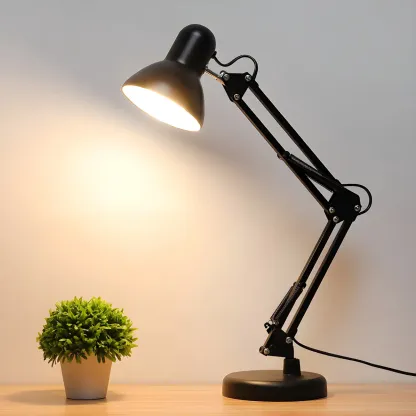Minimalistic Folding Long Arm Black Metal Desk Lamp Image - 1