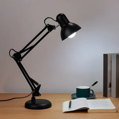 Minimalistic Folding Long Arm Black Metal Desk Lamp Image - 2