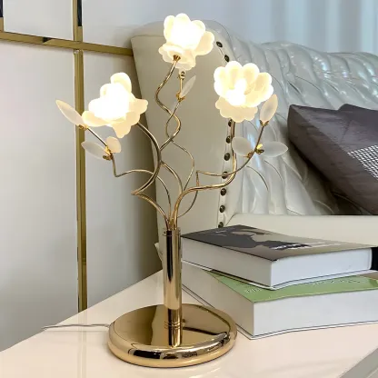 Modern Unique Gold Metal Table Lamp With Flower Shape Glass Shade For Bedroom Image - 1