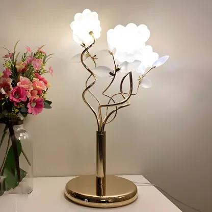Modern Unique Gold Metal Table Lamp With Flower Shape Glass Shade For Bedroom Image - 2