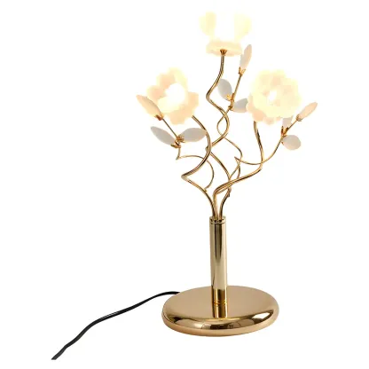 Modern Unique Gold Metal Table Lamp With Flower Shape Glass Shade For Bedroom Image - 5