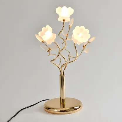 Modern Unique Gold Metal Table Lamp With Flower Shape Glass Shade For Bedroom Image - 6