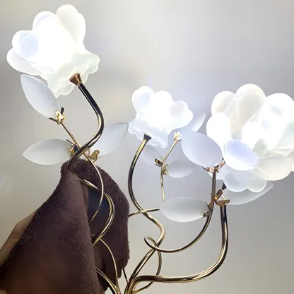 Modern Unique Gold Metal Table Lamp With Flower Shape Glass Shade For Bedroom Image - 8