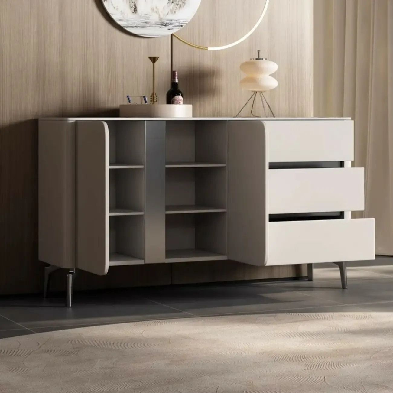 Glam White-Black Wooden Sideboard with Storage Image - 4
