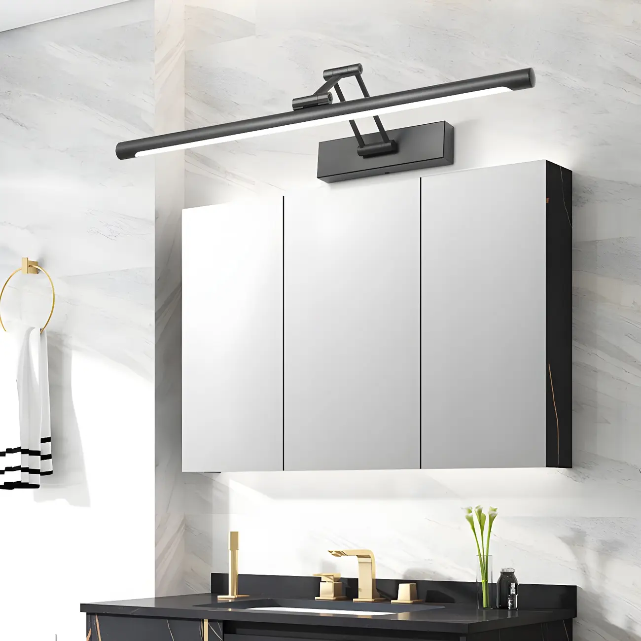 Minimalist LED Black Tubular Vanity Light with Swing Arm for Bathroom Image - 2 | homeyfad
