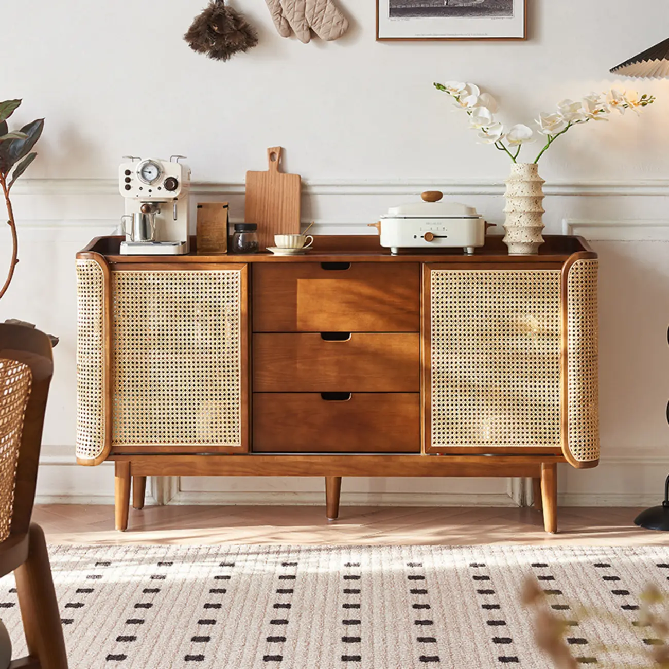Freestanding Brown Rattan Wood Sideboard with Storage Image - 1 | homeyfad