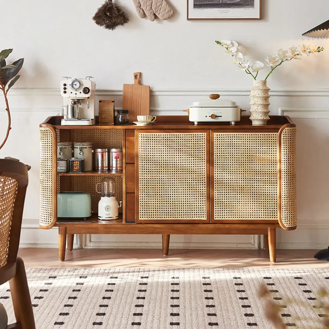 Freestanding Brown Rattan Wood Sideboard with Storage Image - 2