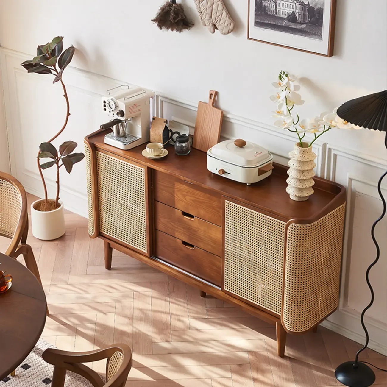 Freestanding Brown Rattan Wood Sideboard with Storage Image - 3