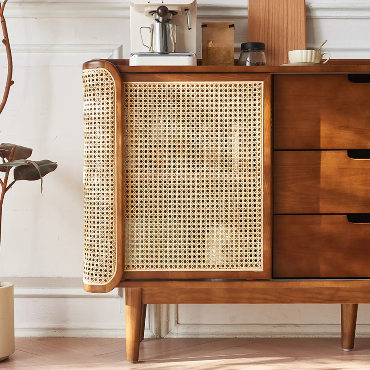 Freestanding Brown Rattan Wood Sideboard with Storage Image - 4 | homeyfad