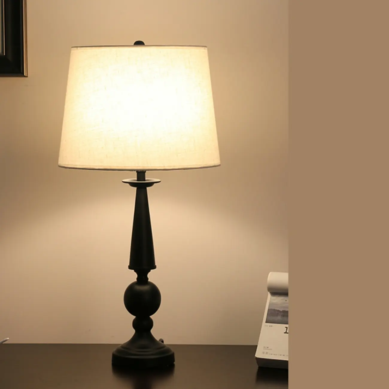 Elegant Black Metal Geometric Table Lamp With White Fabric Shade Image - 3 | homeyfad