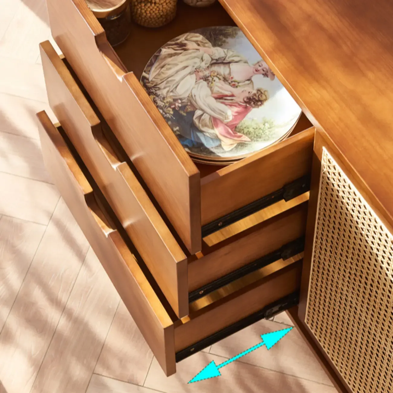 Freestanding Brown Rattan Wood Sideboard with Storage Image - 9