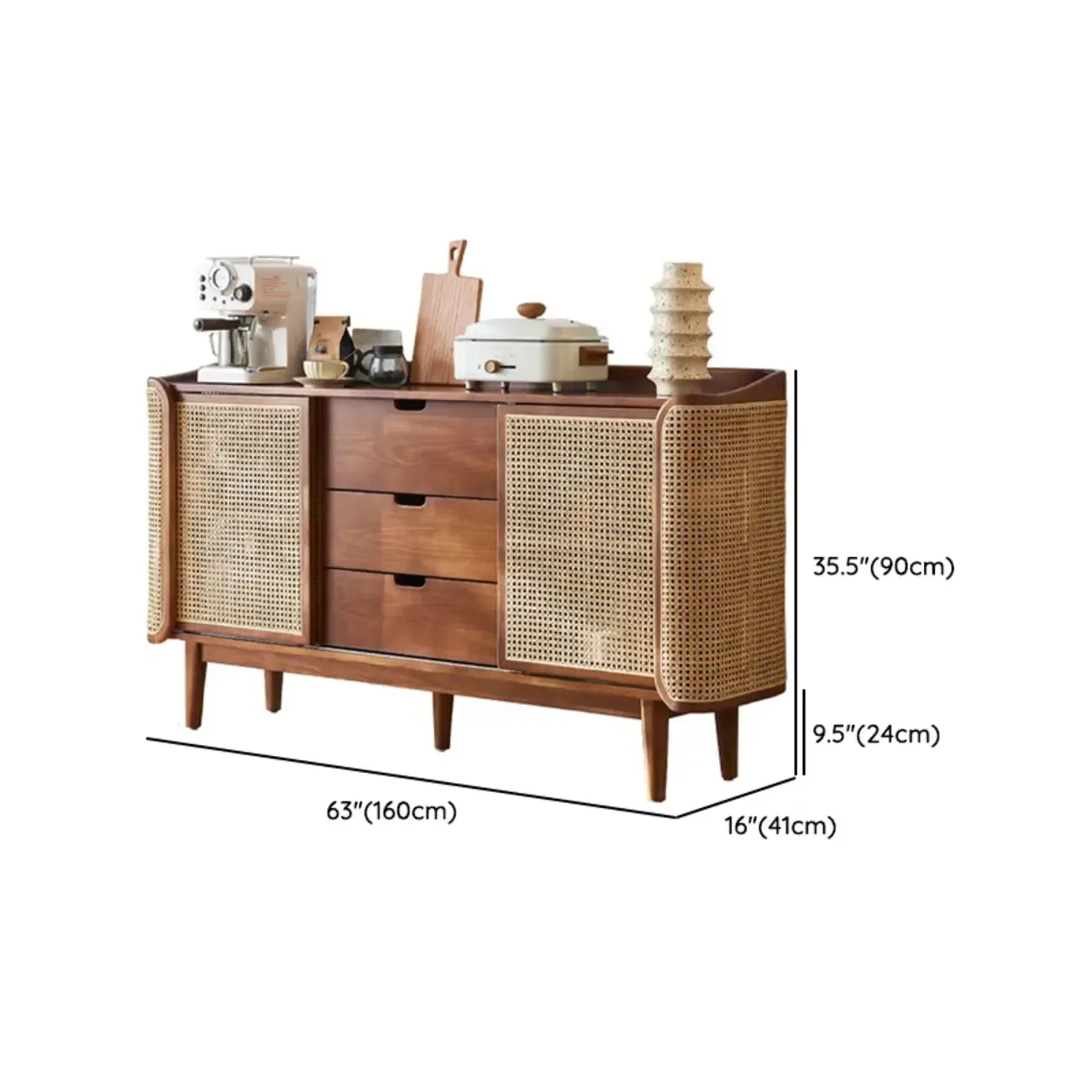 Freestanding Brown Rattan Wood Sideboard with Storage #size