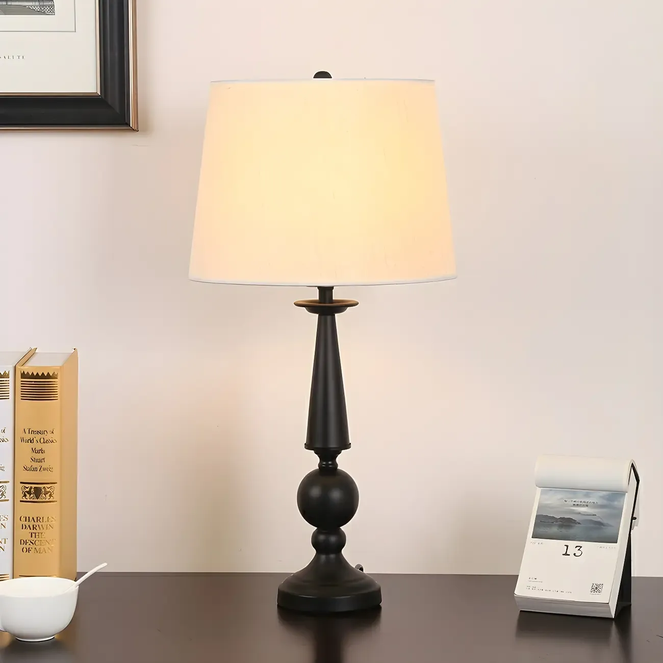 Elegant Black Metal Geometric Table Lamp With White Fabric Shade Image - 10