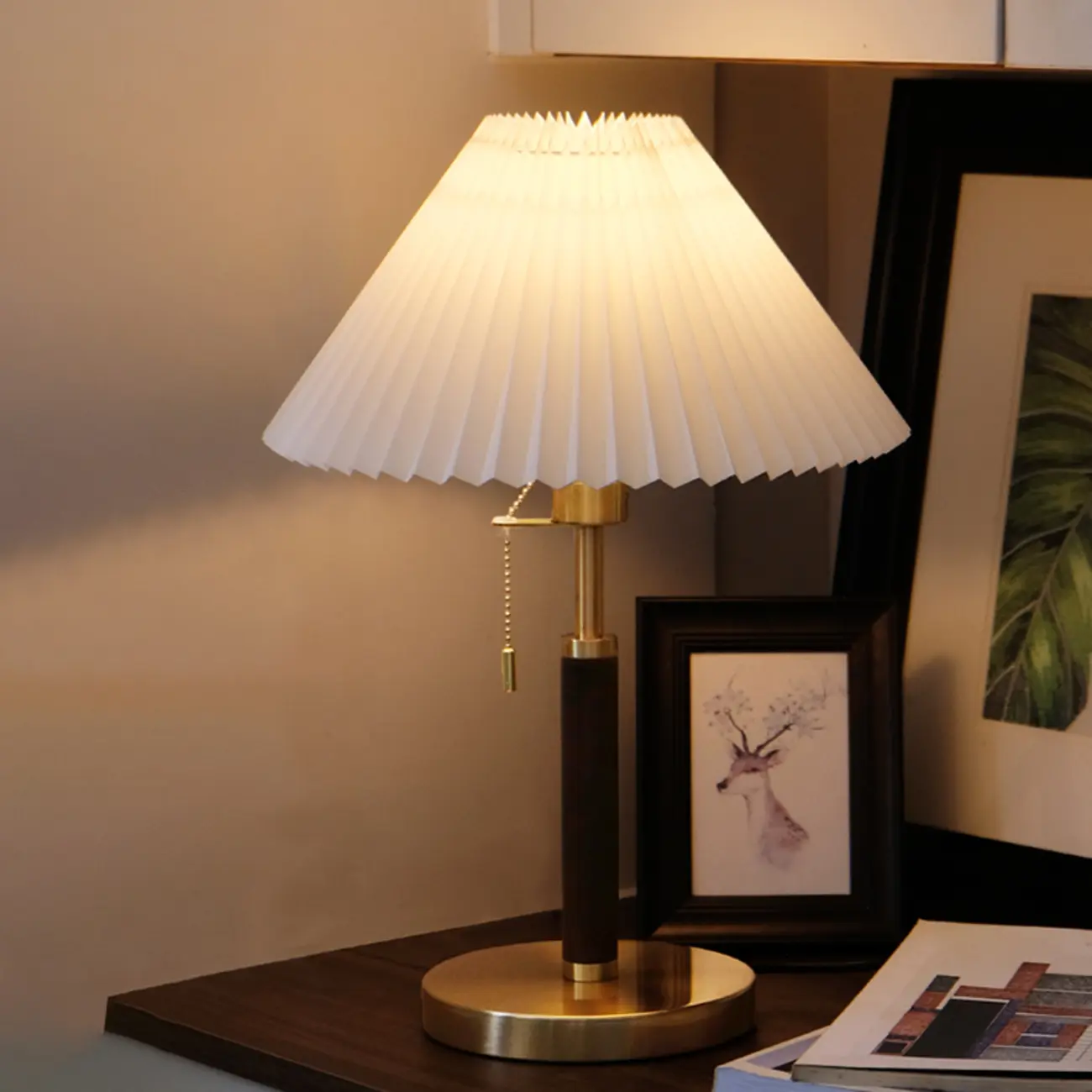 Golden Pleated Metal Table Lamp with Pull Chain and White Fabric Shade Image - 1 | homeyfad