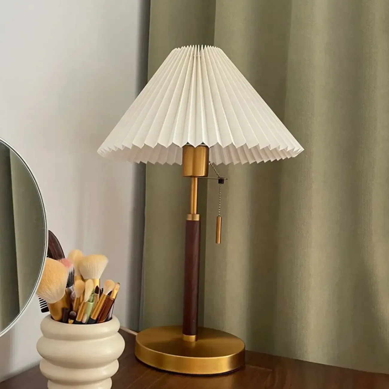 Golden Pleated Metal Table Lamp with Pull Chain and White Fabric Shade Image - 2