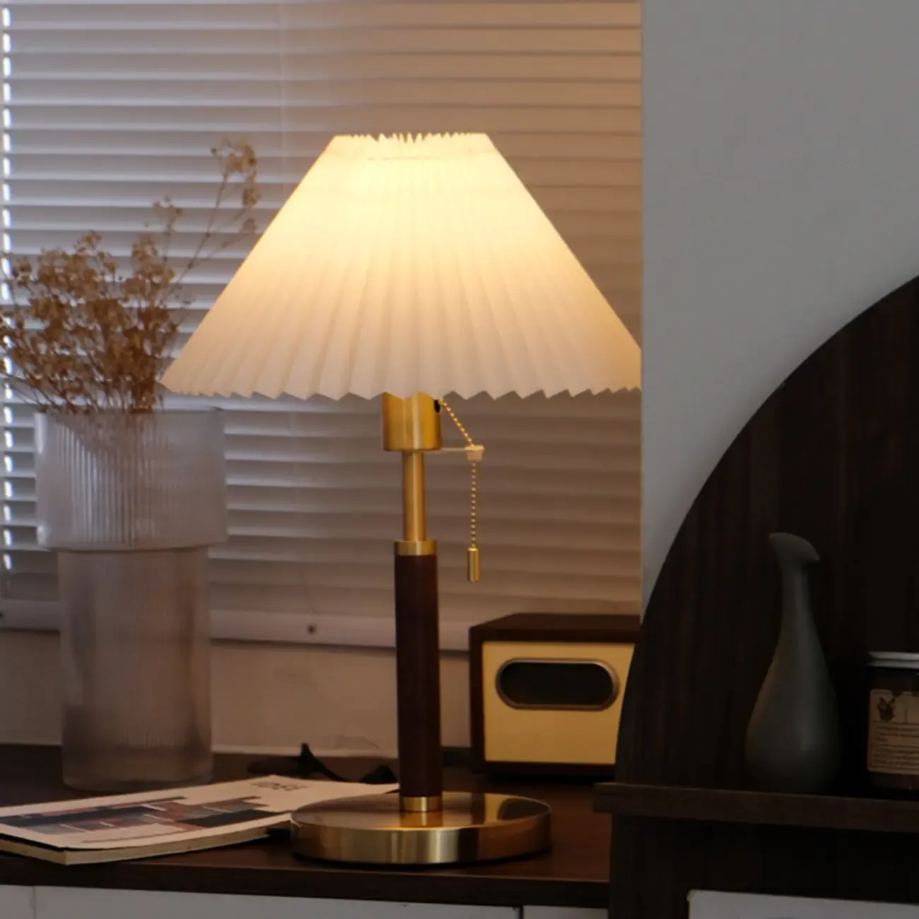 Golden Pleated Metal Table Lamp with Pull Chain and White Fabric Shade Image - 3