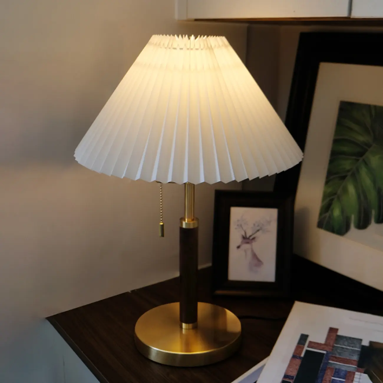 Golden Pleated Metal Table Lamp with Pull Chain and White Fabric Shade Image - 4 | homeyfad
