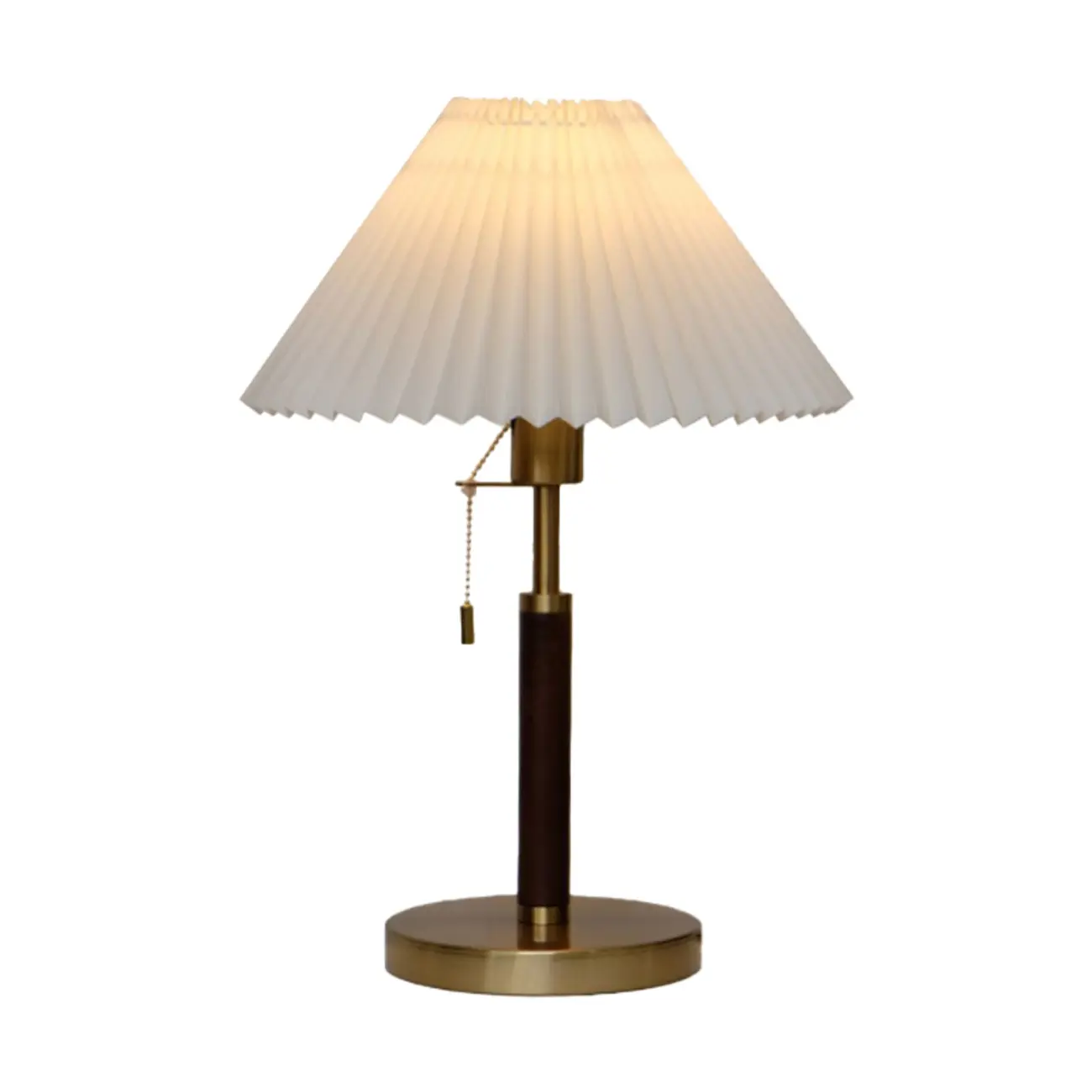 Golden Pleated Metal Table Lamp with Pull Chain and White Fabric Shade Image - 5 | homeyfad
