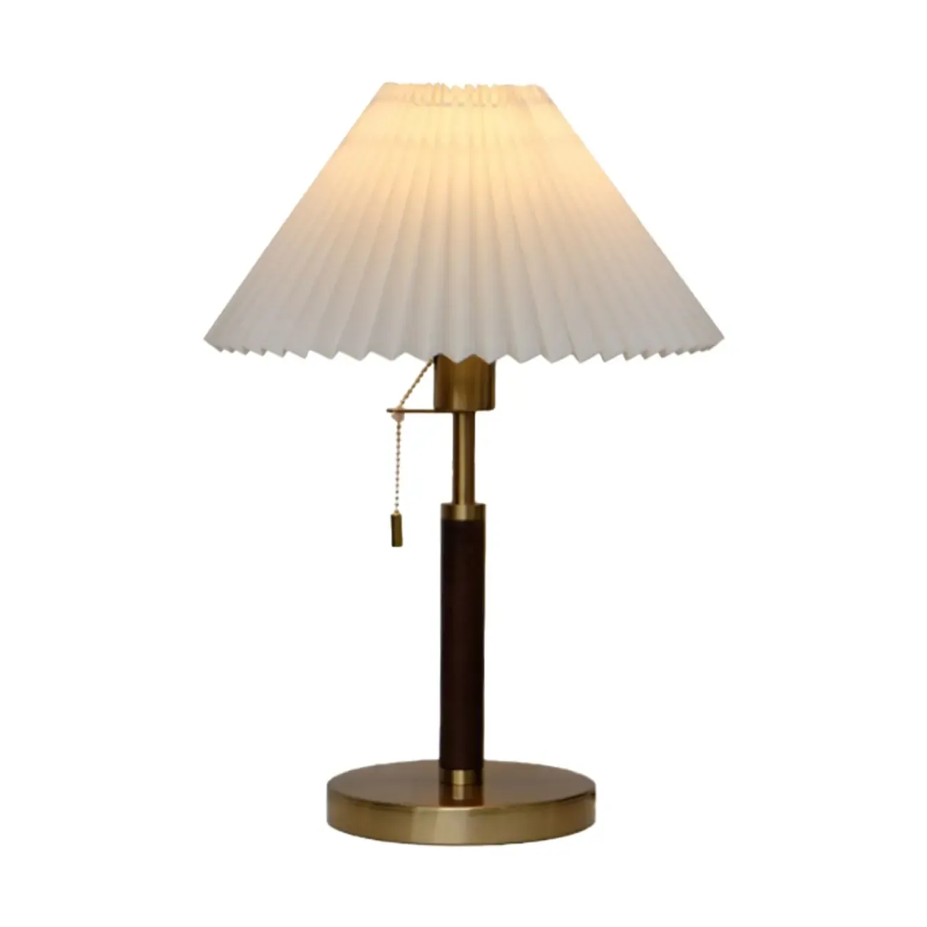 Golden Pleated Metal Table Lamp with Pull Chain and White Fabric Shade Image - 5