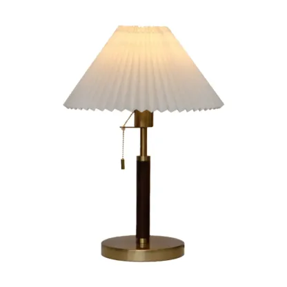 Golden Pleated Metal Table Lamp with Pull Chain and White Fabric Shade Image - 5