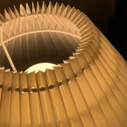 Golden Pleated Metal Table Lamp with Pull Chain and White Fabric Shade Image - 9