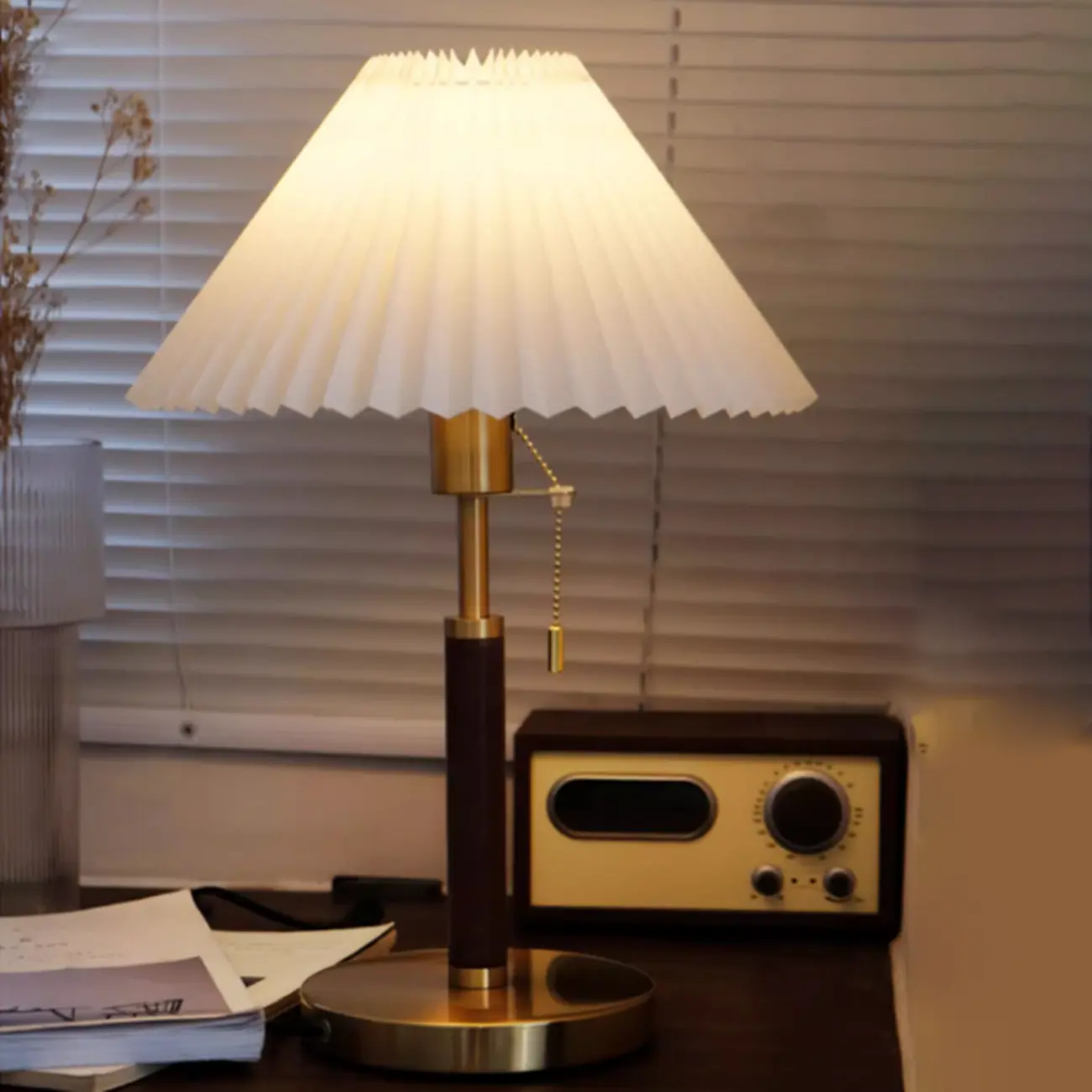 Golden Pleated Metal Table Lamp with Pull Chain and White Fabric Shade Image - 11 | homeyfad