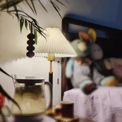 Golden Pleated Metal Table Lamp with Pull Chain and White Fabric Shade Image - 13