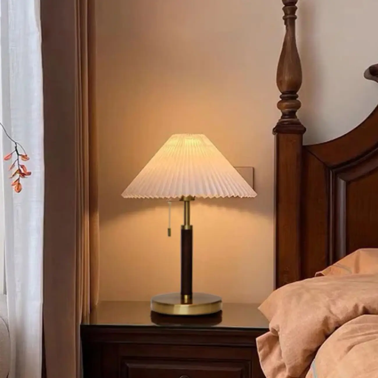 Golden Pleated Metal Table Lamp with Pull Chain and White Fabric Shade Image - 14 | homeyfad