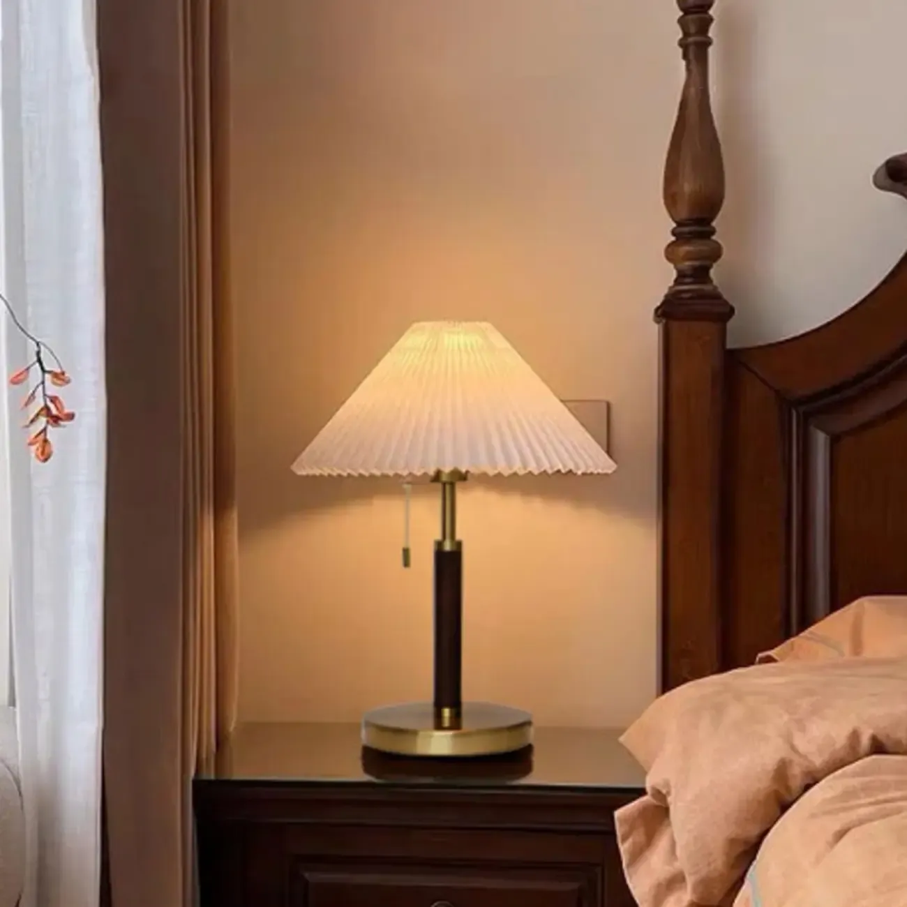 Golden Pleated Metal Table Lamp with Pull Chain and White Fabric Shade Image - 14