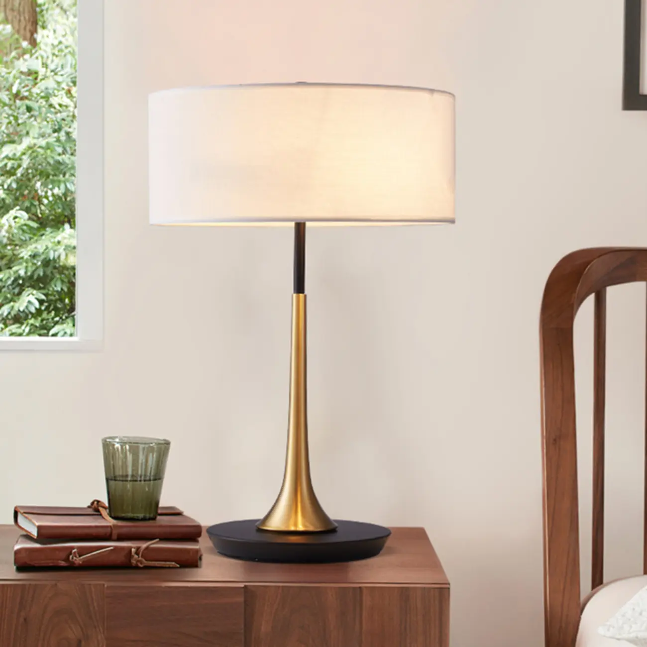 Elegant Wooden Base Geometric Fabric Shape Plug In Electric Table Lamp For Bedroom Image - 1 | homeyfad