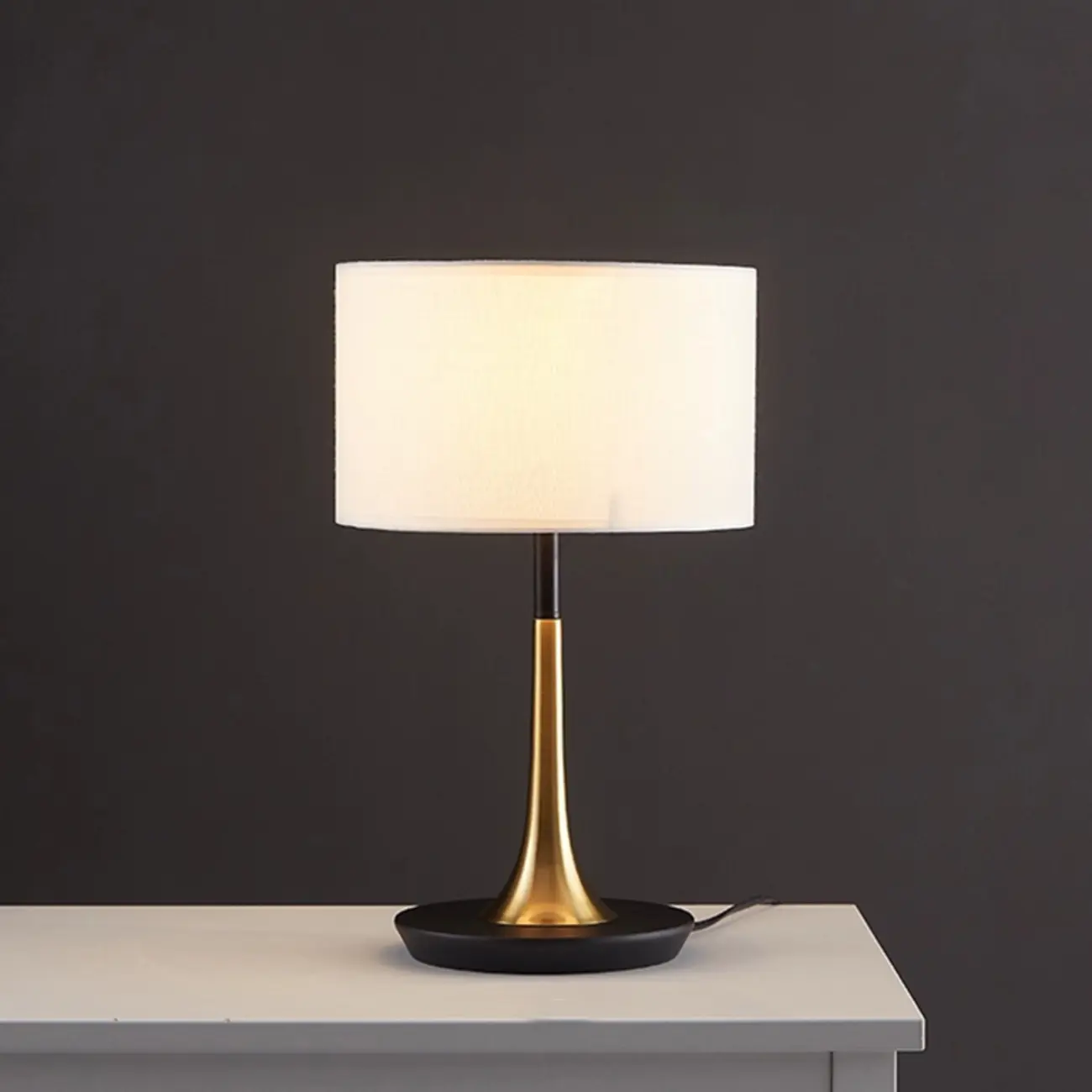 Elegant Wooden Base Geometric Fabric Shape Plug In Electric Table Lamp For Bedroom Image - 2 | homeyfad