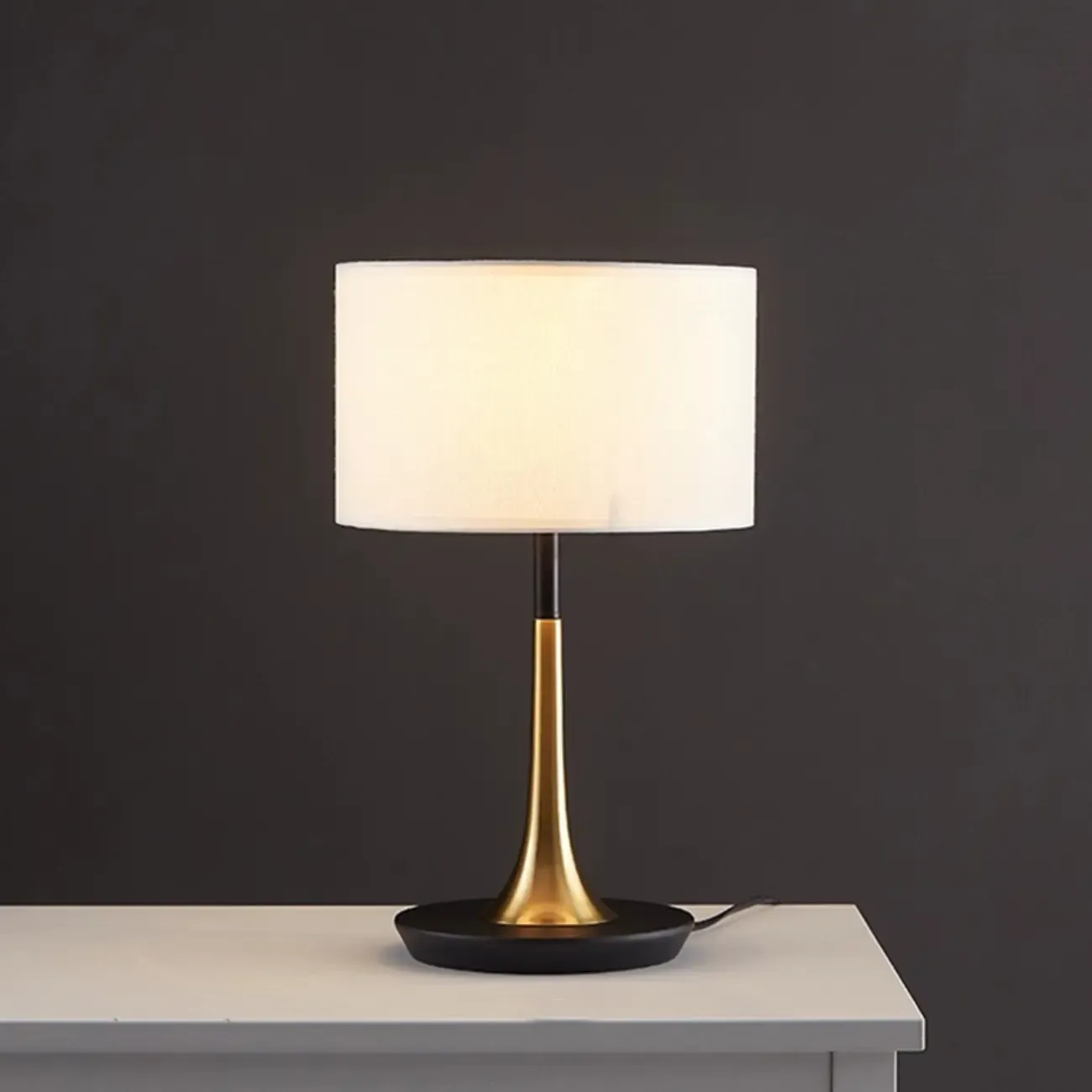 Elegant Wooden Base Geometric Fabric Shape Plug In Electric Table Lamp For Bedroom Image - 2