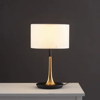 Elegant Wooden Base Geometric Fabric Shape Plug In Electric Table Lamp For Bedroom Image - 2