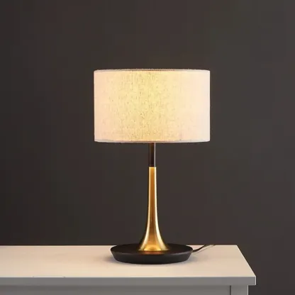 Elegant Wooden Base Geometric Fabric Shape Plug In Electric Table Lamp For Bedroom Image - 3